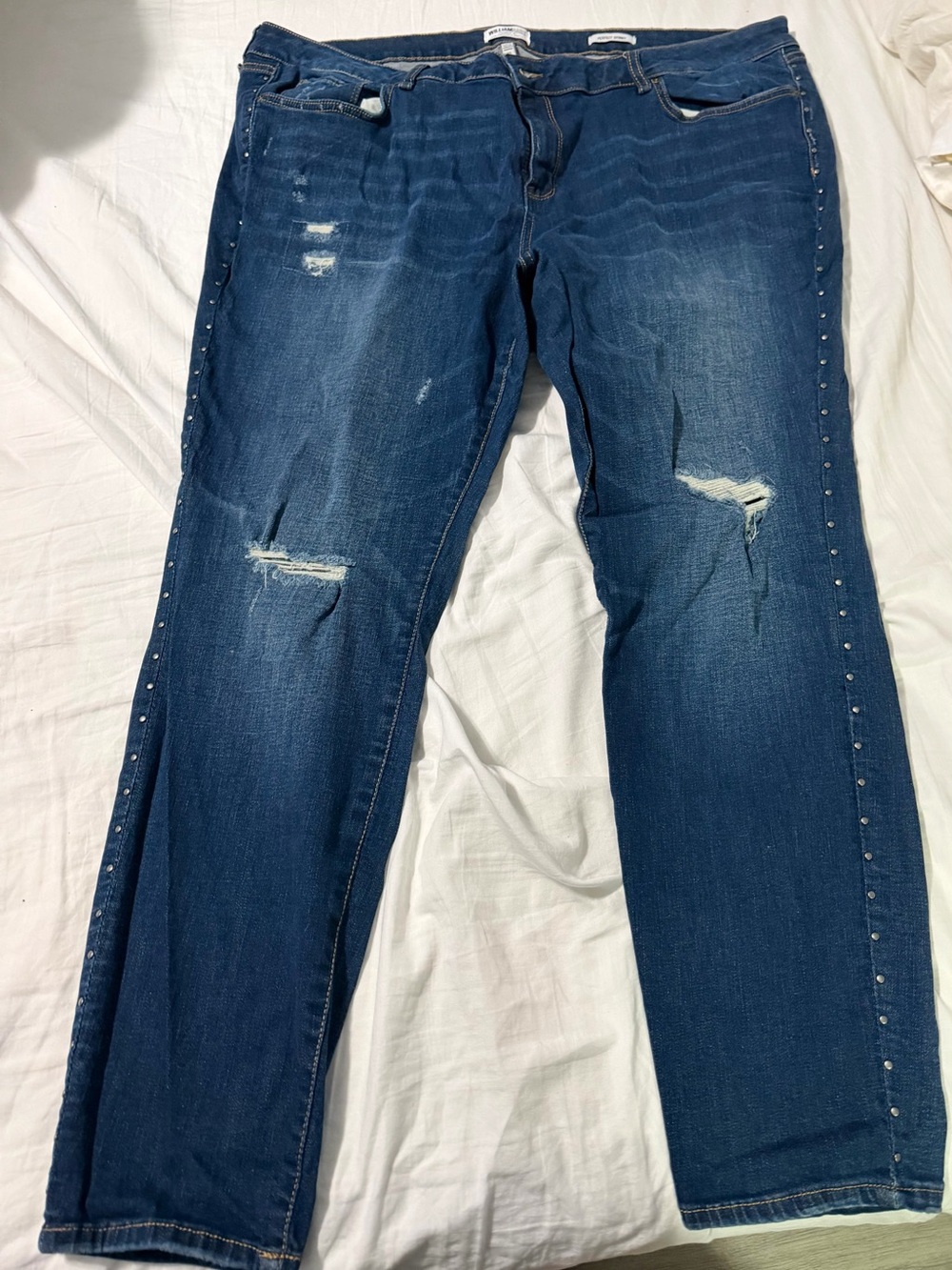 William Rast Dark Blue Distressed Straight Leg Jeans with Side Studs